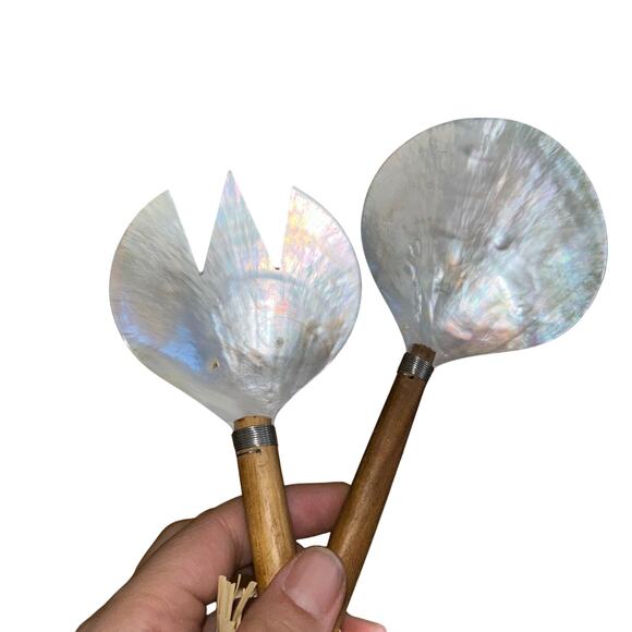 Salad Server Fork Spoon Tongs Natural Iridescent Capiz Mother of Pearl Seashell - Picture 6 of 8